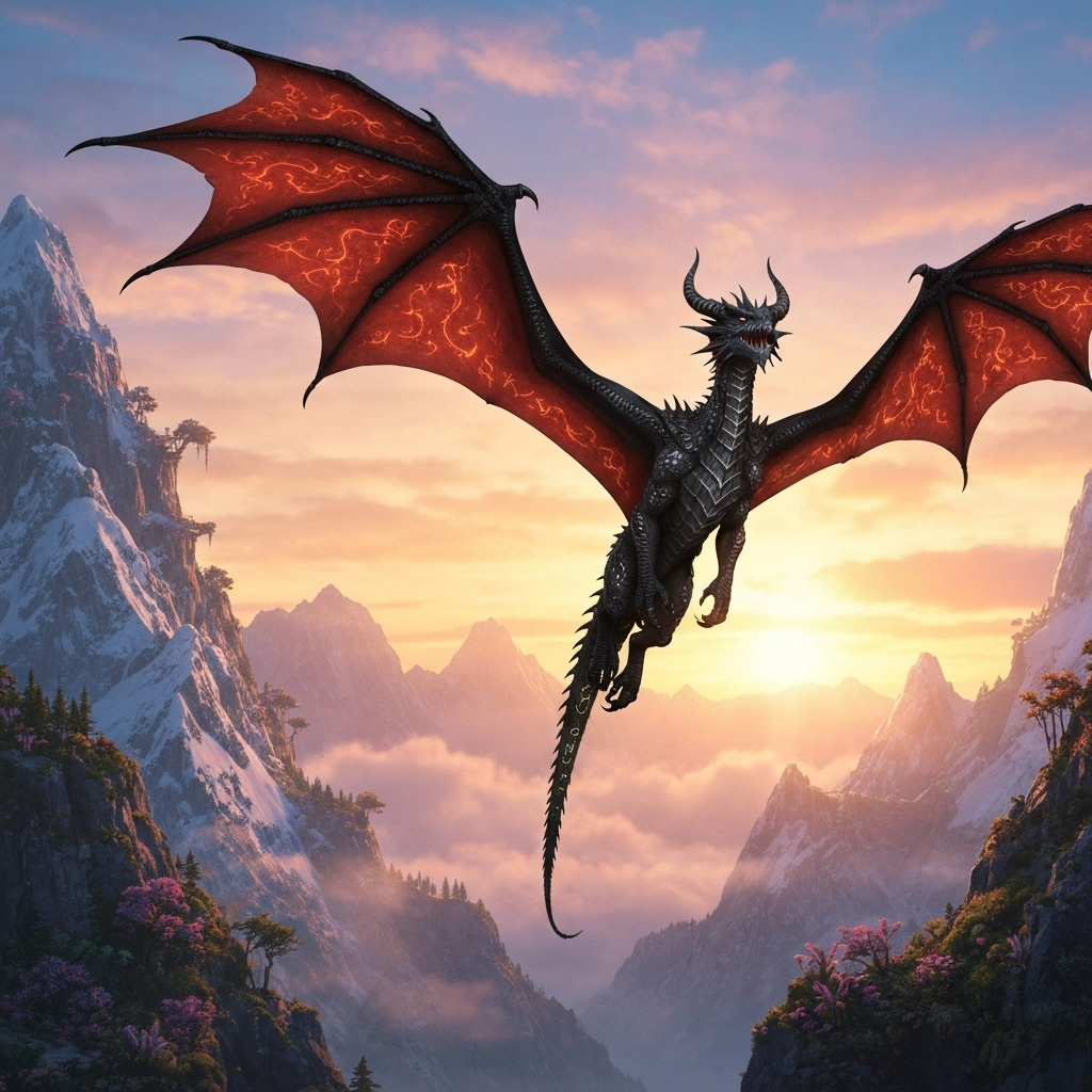 Dragon soaring over mystical mountains